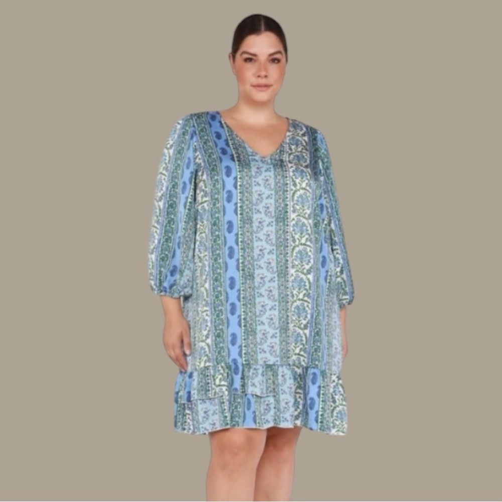 🌷Dex Blue Green Paisley Boho Ruffle Mini Dress Plus 0X 3/$30